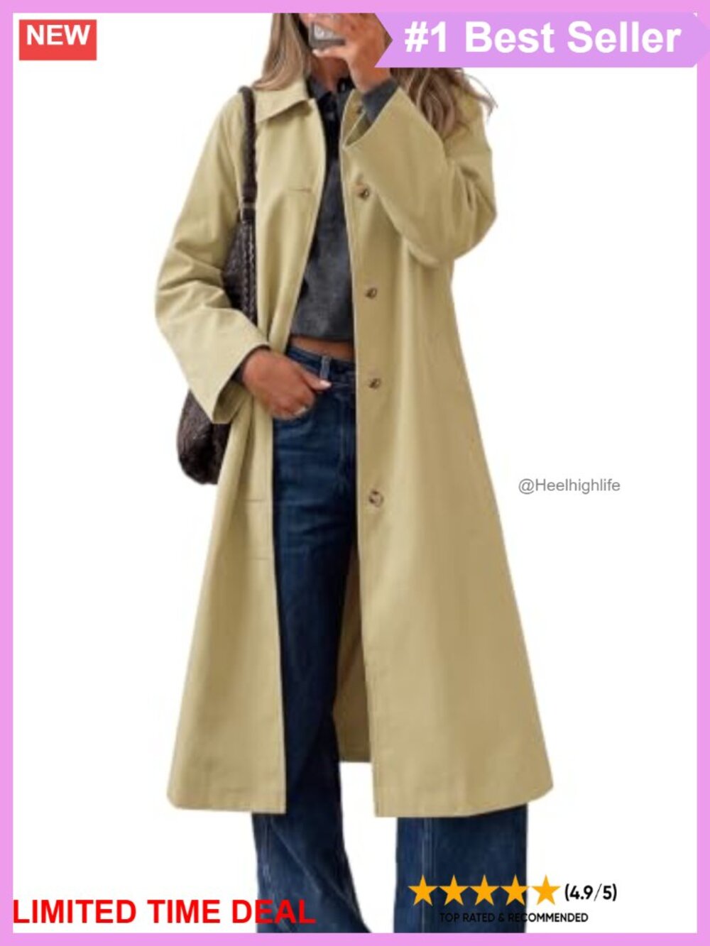 Womens Plaid Trench Coat Lapel Single Breasted Long Jacket Loose Fit